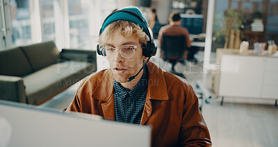 Buy stock photo Computer, telemarketing and man with headset, call center and listening to enquiry or communication. Business, agent and person with mic for lead generation, conversation and consultation with tech