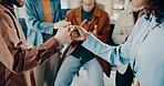Applause, bonus and fist bump with business people in office for thank you or welcome. Congratulations, b2b goals and target with employee team for promotion, success and meeting for celebration