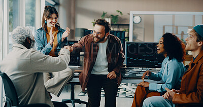 Buy stock photo Man, meeting and finance group with applause for investment success, trading dashboard or fist bump. Business men, stock market and achievement with support gesture for financial profit or growth