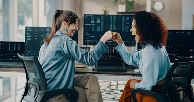 Buy stock photo Business, women and finance team with fist bump for investment success, trading dashboard and financial growth. People, stock market and achievement with partner, support gesture and trader profit