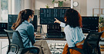 Computer screen, data or people with trading advice for stocks news, chart patterns or results. Trader dashboard, back of women and pointing to graph for market conditions, monitor stats and teamwork