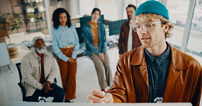 Buy stock photo Man, startup and writing on whiteboard for presentation at office meeting, team and notes at media company. Person, above and planning with collaboration, solution or brainstorming at creative agency