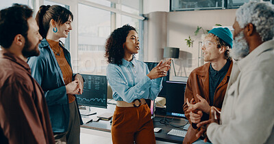 Buy stock photo Trader, team and meeting with talking in office for stocks news, currency price update or results. Trading dashboard, people or discussion with graph for market conditions, group strategy or ideas