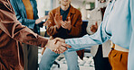 Applause, bonus and handshake with business people in office for thank you or welcome. Congratulations, b2b goals and target with employee team shaking hands for promotion, success and meeting