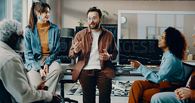 Buy stock photo Trading, team and meeting with talking in office for crypto news, currency price update or results. Trader dashboard, people and discussion with graph for market analysis, internal strategy or advice