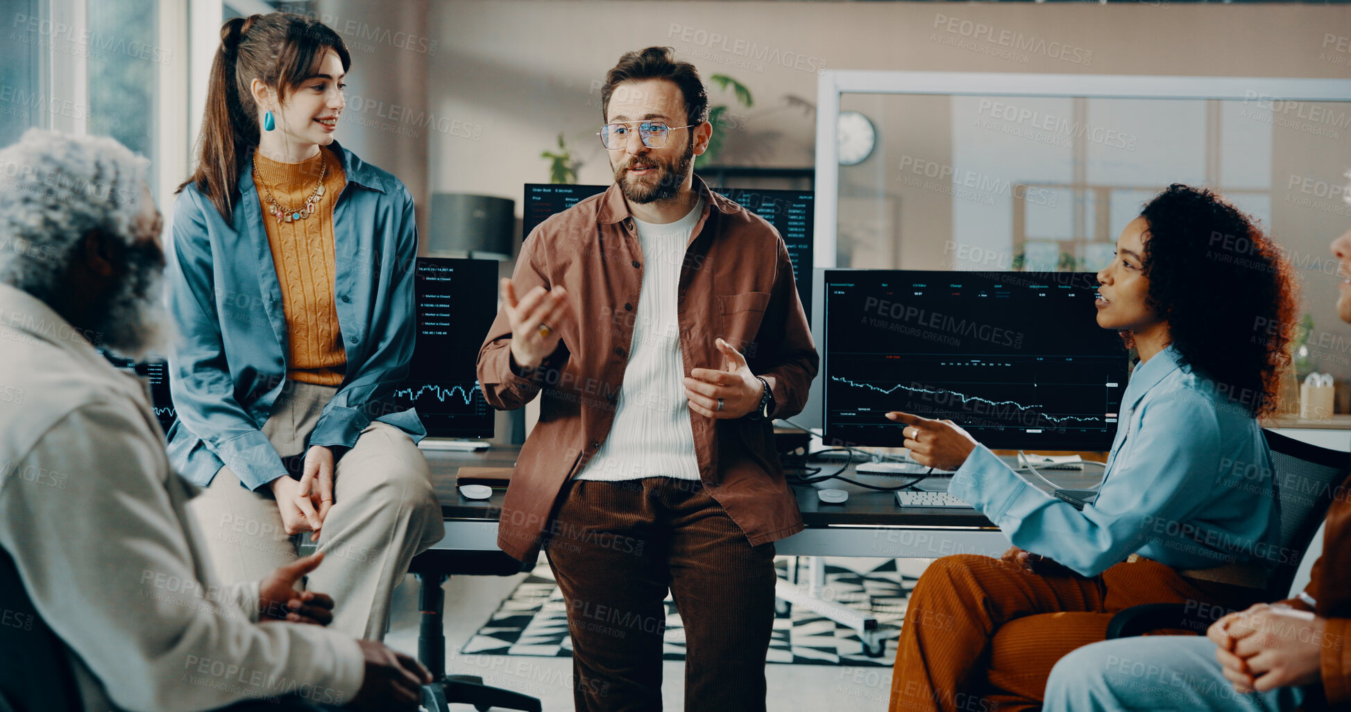 Buy stock photo Trading, team and meeting with talking in office for crypto news, currency price update or results. Trader dashboard, people and discussion with graph for market analysis, internal strategy or advice
