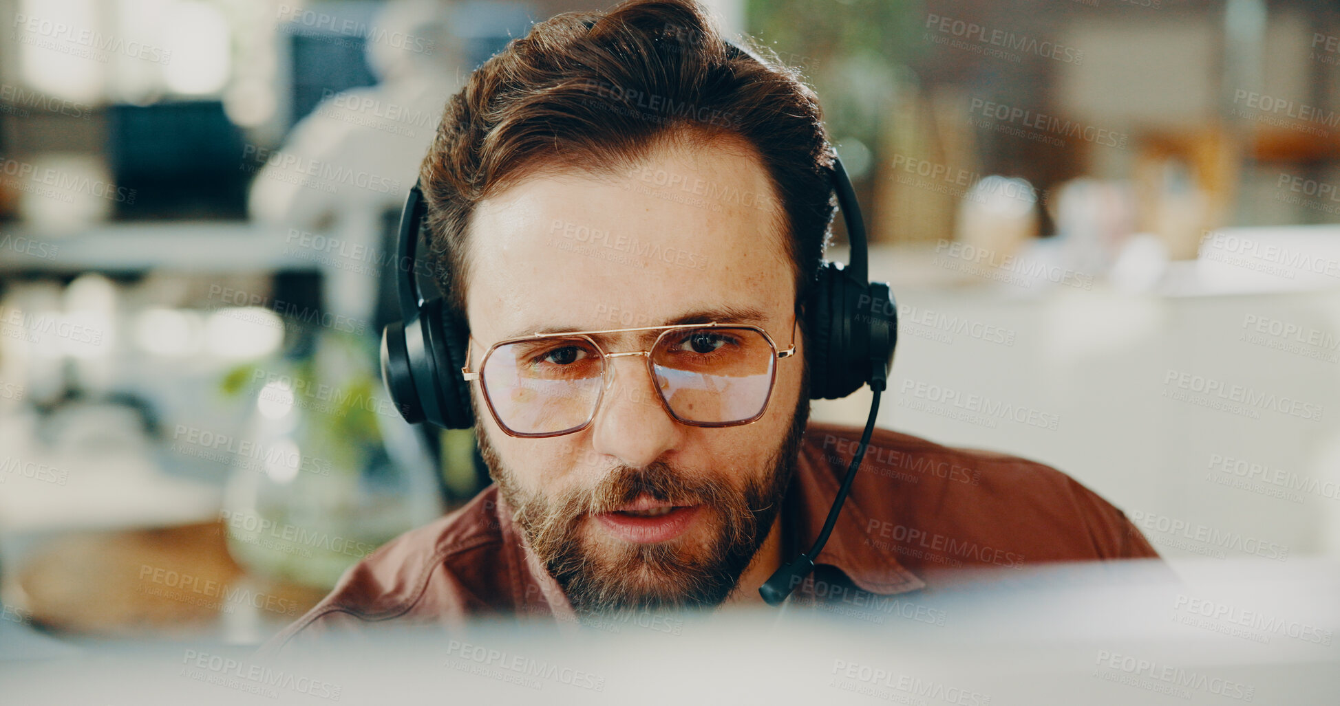 Buy stock photo Headset, man and technical support consultant in office with crm, communication or contact us. Talking, mic and male call center agent with online consultation for customer service in workplace.