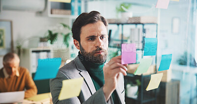 Buy stock photo Business man, writing and sticky note on glass for planning, brainstorming or project agenda at finance firm. Ideas, strategy and male person with schedule, tasks and financial research on board