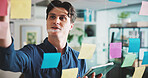 Writing, tablet and man in office with sticky note, brainstorming or financial solution in agency. Budget plan, mindmap or person in workplace with technology, problem solving and business strategy.