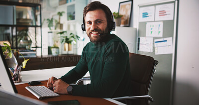 Buy stock photo Business man, headset and smile in portrait in office for stock market trading, virtual help and computer. Financial advice, investment support with trader or male person for telecom, happy and tech