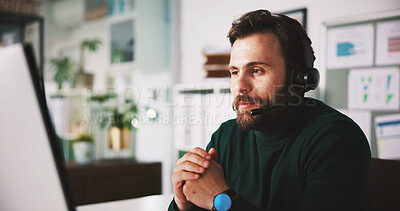 Buy stock photo Business man, headset and phone call by computer for stock market trading, virtual help and discussion. Financial advice, investment support and tech with trader or male person for telecom in office