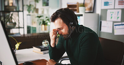 Buy stock photo Microphone, computer or man with headache in call center for loan fail, difficult client or anxiety. Finance consultant, person or migraine with tech for online insurance, burnout or financial advice