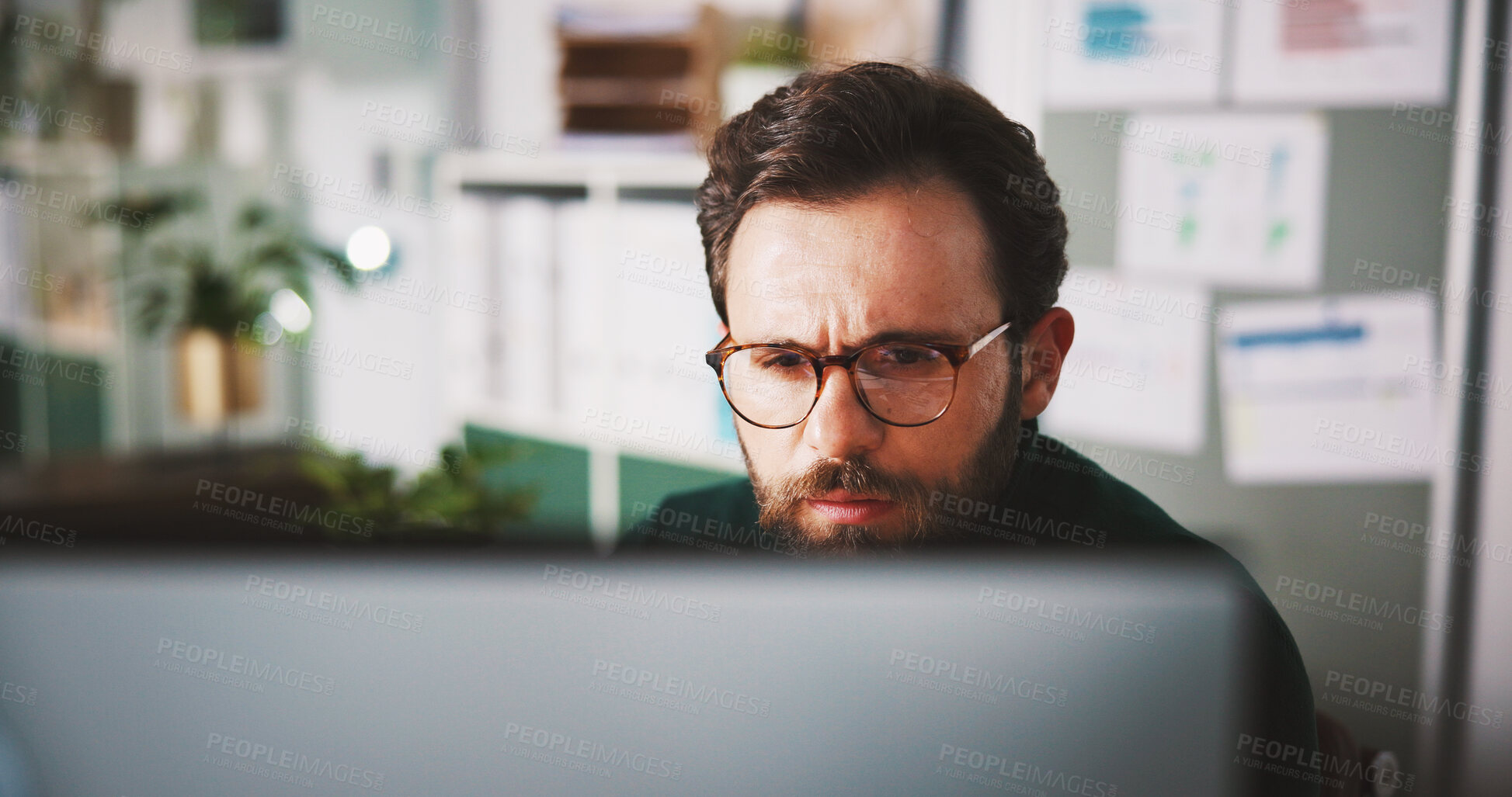Buy stock photo Glasses, computer and research with business man in office for seo review, blog traffic and reading. Search volume report, planning and engagement ranking with person in media agency for kpi insight
