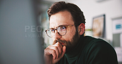 Buy stock photo Glasses, computer and reading with business man in office for seo research, blog traffic and review. Search volume report, planning and engagement ranking with person in media agency for kpi insight