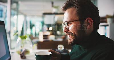 Buy stock photo Businessman, smile and reading with coffee in office with information, planning or corporate review with tech. Male person, CEO and research analysis, report or email feedback with tea at workplace