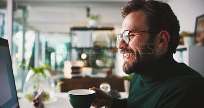 Buy stock photo Man, smile and coffee with computer in office with review, feedback or excited for project at media company. Person, writer and happy with tea cup, pc and good news for proposal at creative agency