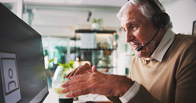 Buy stock photo Call center, computer and man in office, consultation and communication with help desk. Mature person, employee and agent in workplace, pc and internet with tech support, contact us and conversation