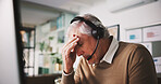 Headset, computer or man with headache in call center for stress, client crisis or financial advice. Finance consultant, mature person or migraine with tech for online insurance, loan help or burnout