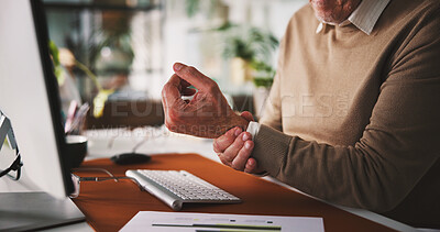 Buy stock photo Business man, hands and wrist pain in office with arthritis, health problem and tired. Injury, mature employee and carpal tunnel syndrome in workplace, fibromyalgia and strain with repetitive stress