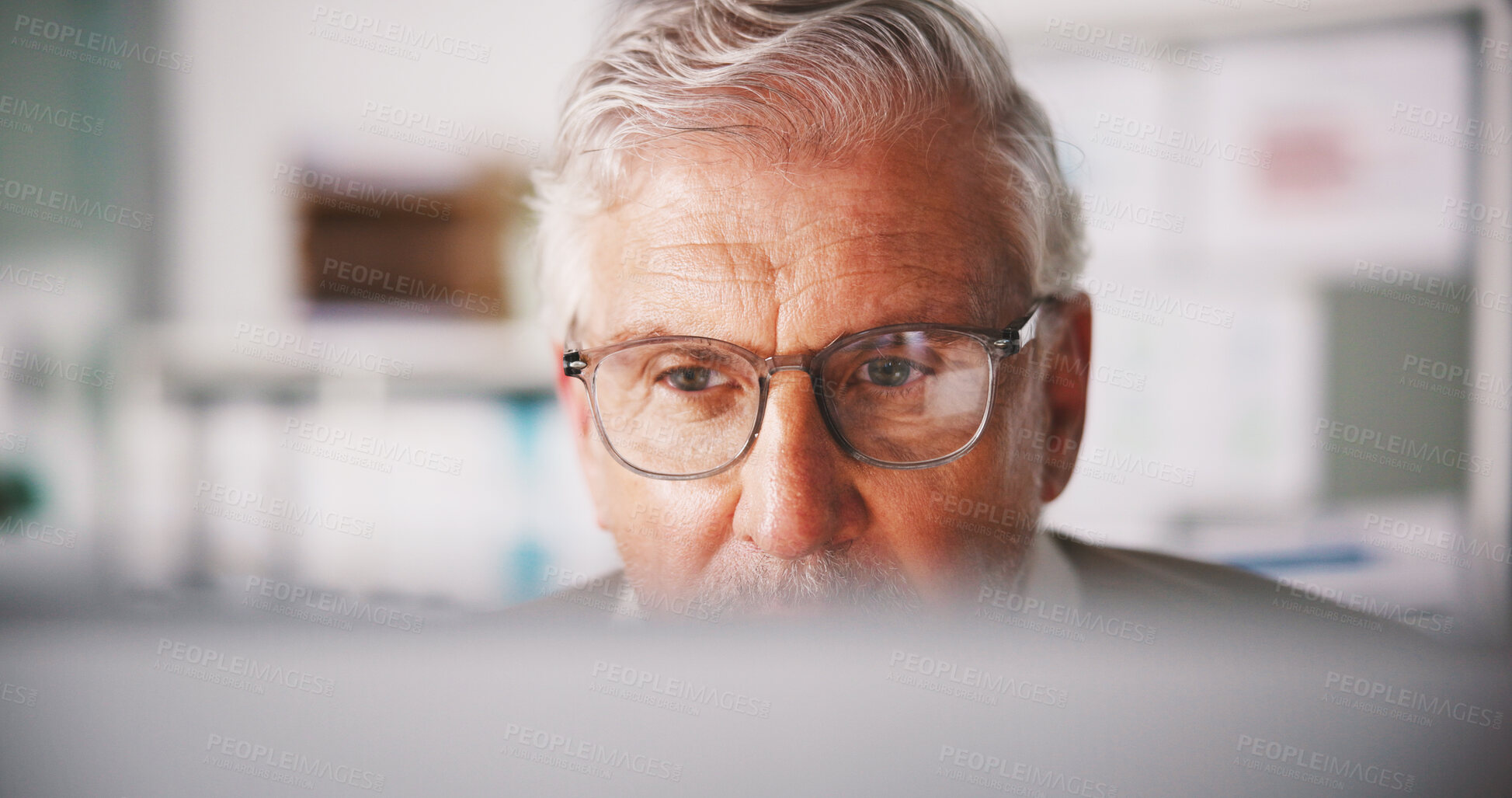 Buy stock photo Mature, computer and glasses with business man in office for seo research, blog traffic and review. Search volume report, planning and engagement ranking with person in media agency for kpi insight