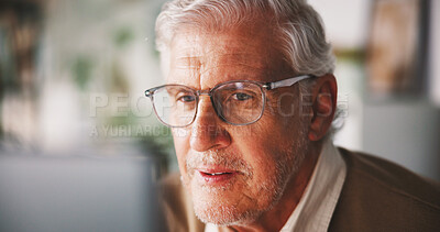 Buy stock photo Mature, computer and startup with business man in office for seo research, blog traffic and review. Search volume report, planning and engagement ranking with person in media agency for kpi insight