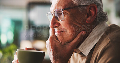 Buy stock photo Businessman, thinking or reading with coffee in office with ideas, planning or corporate review with drink. Male person, mature CEO and research analysis, insight or evaluation with tea at workplace