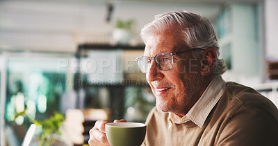 Buy stock photo Businessman, thinking or reading with drink in office with ideas, planning or corporate review with coffee. Male person, mature CEO and research analysis, insight or evaluation with tea at workplace