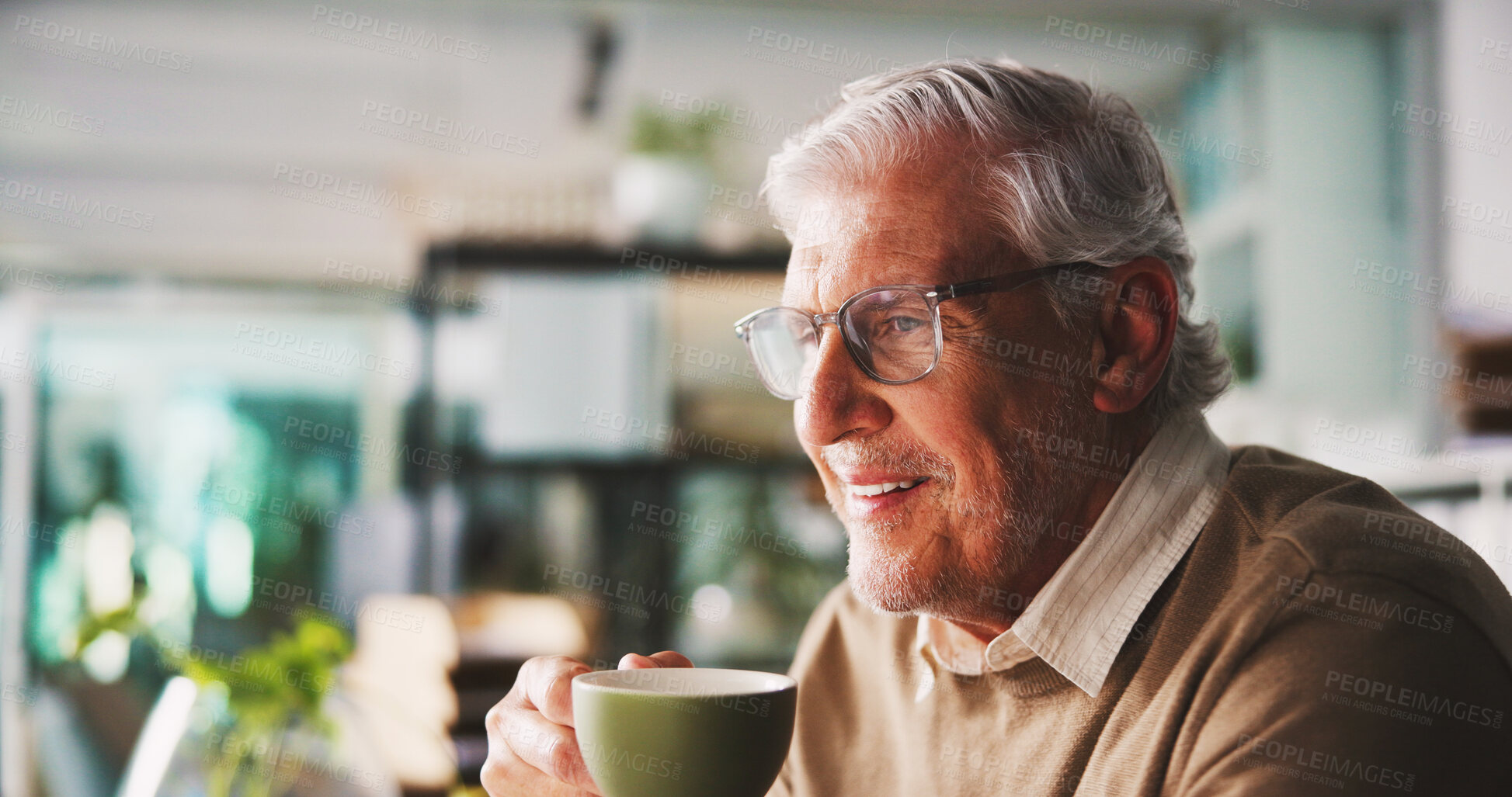 Buy stock photo Businessman, thinking or reading with drink in office with ideas, planning or corporate review with coffee. Male person, mature CEO and research analysis, insight or evaluation with tea at workplace