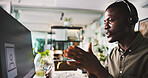 Discussion, computer and black man with headset in office for customer service, advice or contact us. Client info, communication or help desk agent with pc for complaint solution, faq or tech support