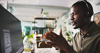 Buy stock photo Discussion, computer and black man with headset in office for customer service, advice or contact us. Client info, communication or help desk agent with pc for complaint solution, faq or tech support