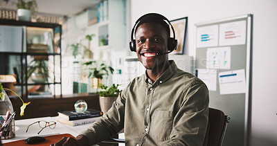 Buy stock photo Portrait, telemarketing and man with headset, call center or happy for career development with tech. Agent, smile and black person with mic for communication, lead generation and opportunity in Kenya