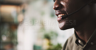 Buy stock photo Mouth, telemarketing and man with mic, call center and communication with contact at night or sales. Working late, agent and person with tech for customer service, space and smile for consultation