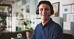 Portrait, happy and man with headset, call center and pride for career development or telemarketing. Business, space and person with mic for communication, lead generation and opportunity in USA
