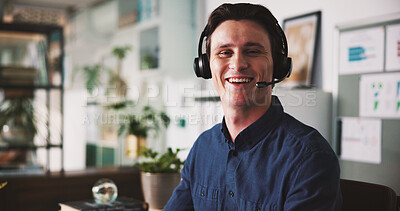 Buy stock photo Portrait, happy and man with headset, call center and pride for career development or telemarketing. Business, space and person with mic for communication, lead generation and opportunity in USA