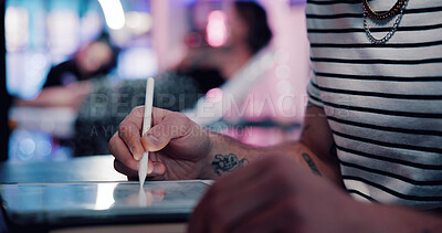 Buy stock photo Person, hands or tattoo designer with tablet for digital art, drawing or creative planning in store. Body artist, writing or sketching with pen on technology for design process in shop or parlor