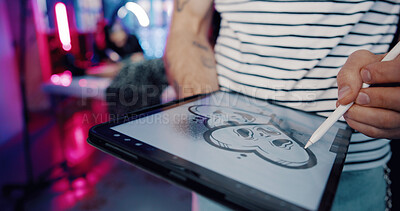 Buy stock photo Person, hands or tattoo artist with tablet screen for digital art or creative drawing in store. Designer, writing or sketching with stylus, tech or heart for design process in body shop or parlor