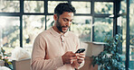 Phone, happy and man in home with networking, communication or chatting on mobile app. Technology, smile and male person with cellphone for email, texting and social media online in apartment.