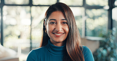 Buy stock photo Portrait, smile and woman in new home for moving, real estate investment and property ownership. Landlord, happy face and dream house for relocation, mortgage and homeowner in living room in UAE