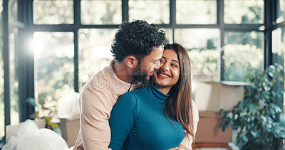 Buy stock photo Hug, love and moving with couple in new home for property investment, trust and partner. Support, real estate growth and homeowner purchase with man and woman in house for relocation and rent