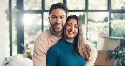 Buy stock photo Hug, portrait and moving with couple in new home for property investment, love and partner. Smile, real estate growth and homeowner purchase with man and woman in house for relocation and rent
