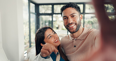 Buy stock photo Couple, selfie and new house keys for hug, smile or memory with web post, care and moving. Man, woman and embrace for photography, portrait or social media for real estate investment in Colombia