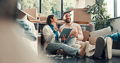 Buy stock photo Conversation, planning and tablet with couple in new home for property or real estate investment. App, moving house and vision with happy people in apartment for loan, mortgage or relocation