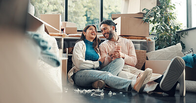 Buy stock photo Conversation, laughing and planning with couple in new home for property or real estate investment. Funny, moving house and vision with happy people in apartment for loan, mortgage or relocation