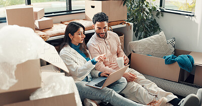 Buy stock photo Conversation, laptop and planning with couple in new home for property or real estate investment. Computer, moving house and vision with happy people in apartment for loan, mortgage or relocation
