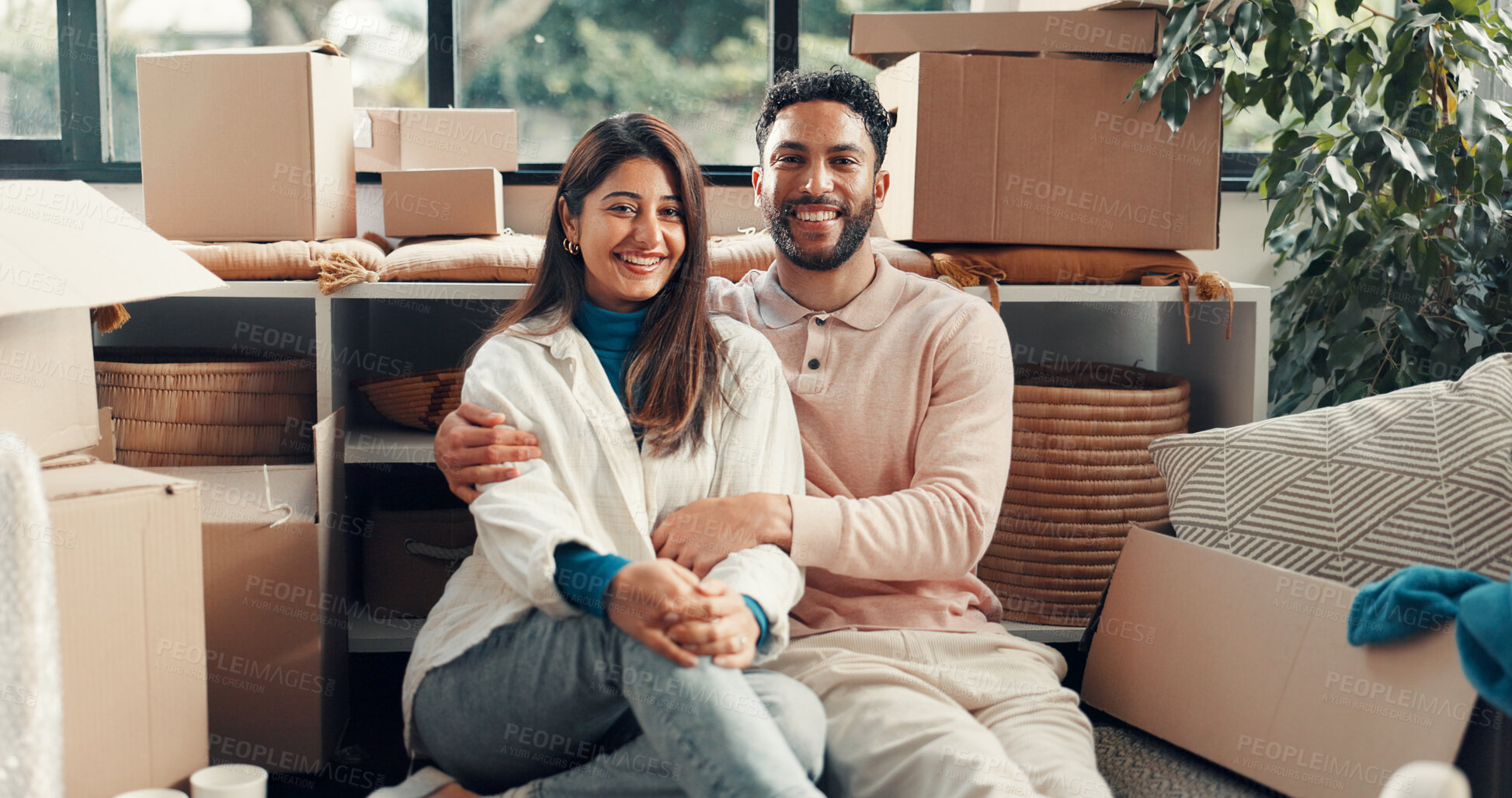 Buy stock photo Happy, boxes and portrait of couple in new home for love, care and marriage together with bonding. Smile, hugging and man embracing woman in living room for relationship by cardboard in apartment.