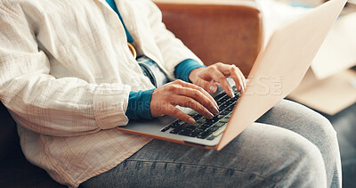 Buy stock photo Hands, laptop and typing with person on sofa in living room of home for remote work or research. Computer, planning and report with freelance employee in apartment for email communication or feedback