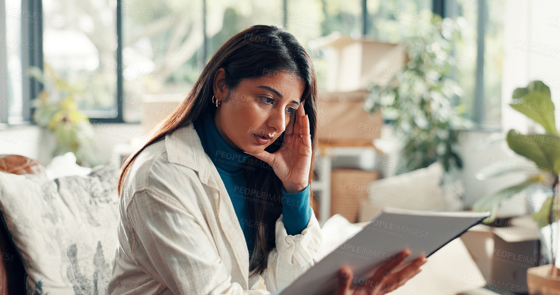 Buy stock photo Moving in, woman and stress with documents in new home for title deed error, relocation or anxiety. Homeowner, person and headache with paperwork for hidden insurance clause, mortgage debt and worry