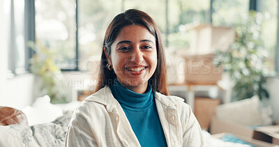 Buy stock photo Portrait, happy woman and new home for moving, real estate investment and property ownership. Landlord, smile and person in dream house for relocation, mortgage and homeowner in living room in UAE