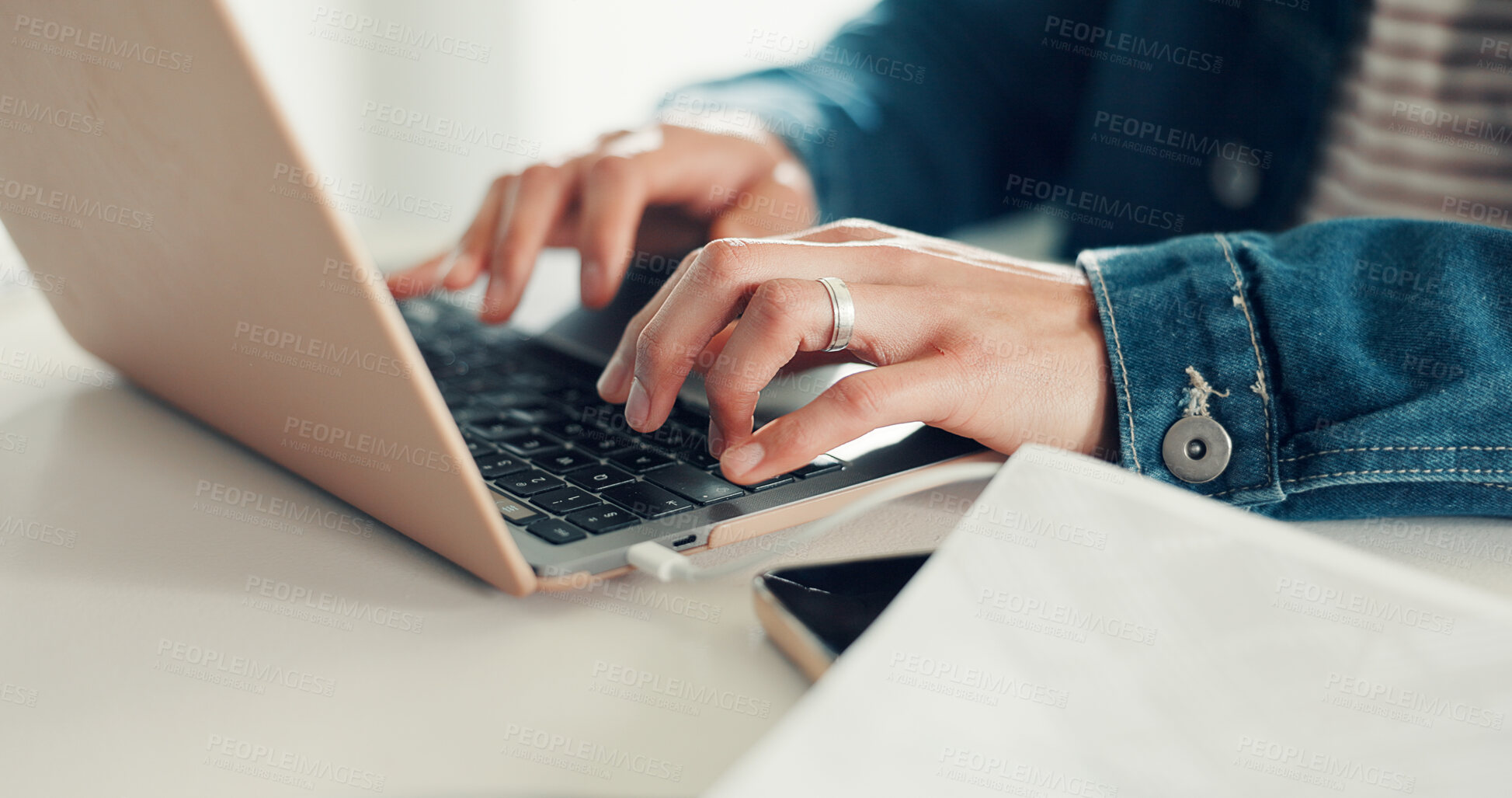Buy stock photo Typing, hands or man in office with laptop, research and content planning in creative agency. Marketing, technology and person with keyboard, brand management and strategy for social media campaign.