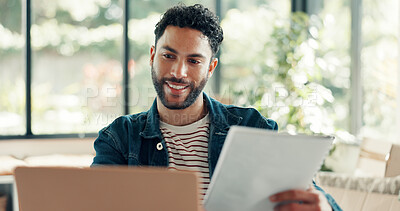 Buy stock photo Ecommerce, documents and happy man with laptop in home office for startup, digital marketplace and sales. Entrepreneur, product listing and online order with pc for customer, supply chain or shipping